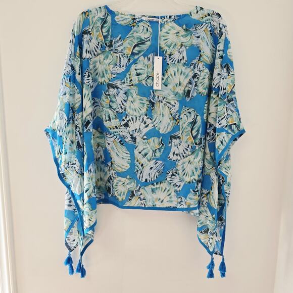 Chicos Poncho Blouse S/M Coastal Seashells Treasure Tassels Semi-Sheer Beach NWT - Picture 1 of 12